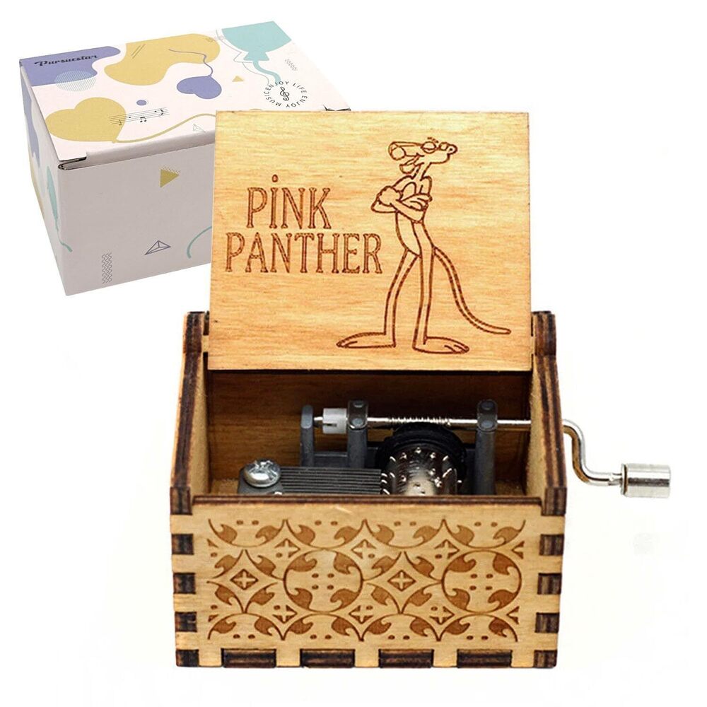 4636 PinkPanter Theme Wood Music Box, Hand Crank Engraved Vintage Wooden